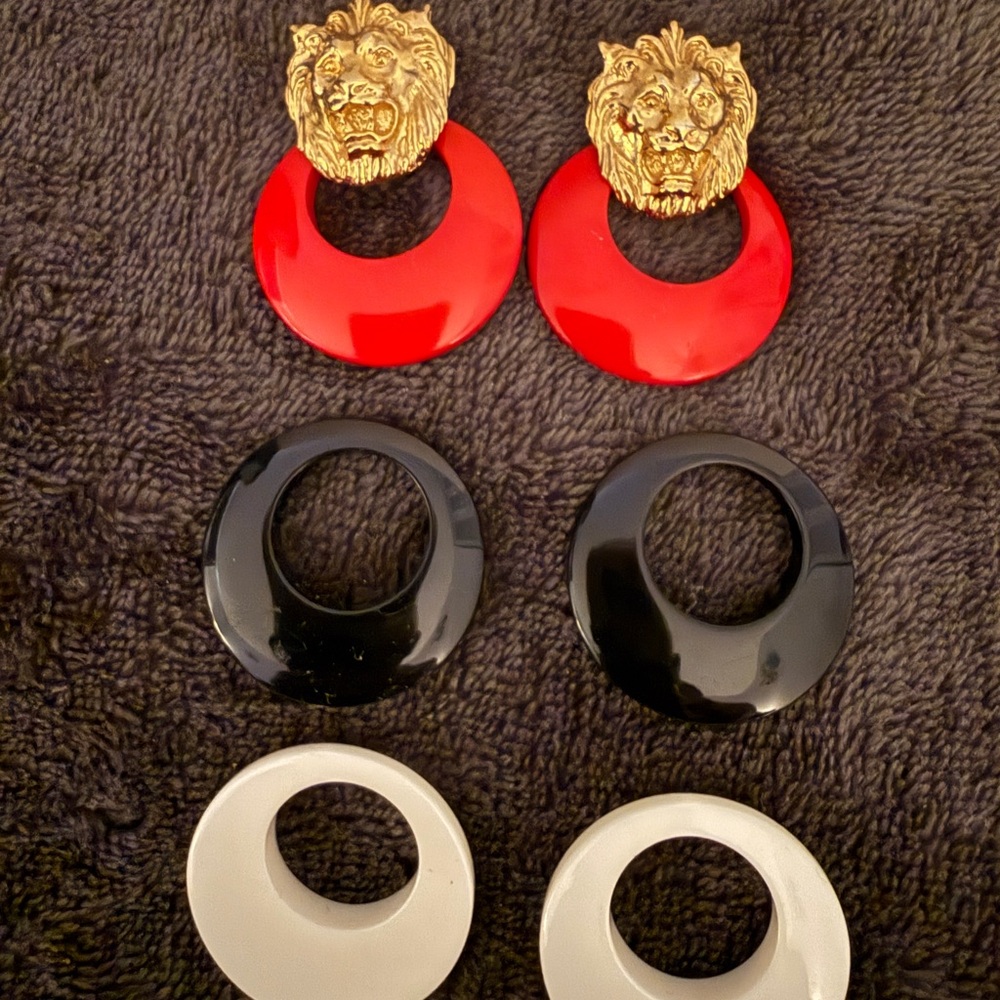 Unique Vintage Red, Black, and White Lion Earrings